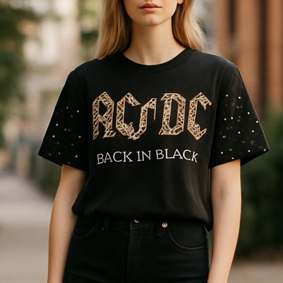 NWT Ac/DC BACK IN BLACK Studded Sleeve Top - Picture 1 of 7
